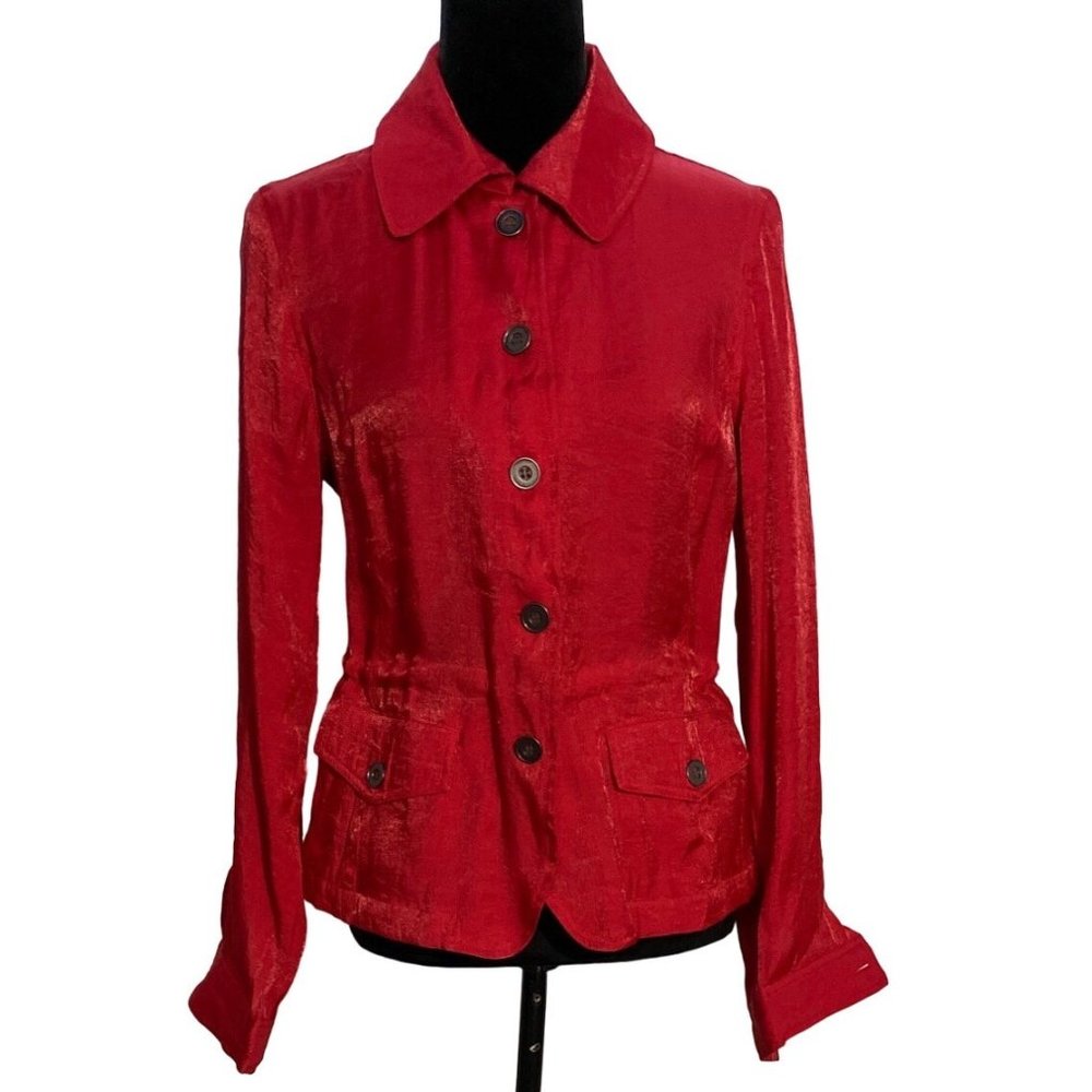 Linear womens M Jacket Button Down Shirt Red Shimmer Long Sl Pockets Cute Work